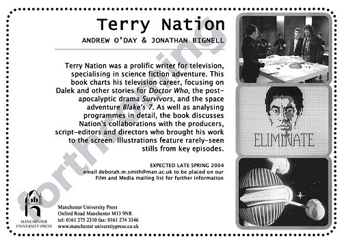 Flyer advertising the 2004 Terry Nation book from Manchester University Press