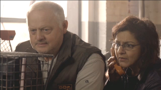 Robert Pugh (as Tony Mack) and Meera Syal (as Nasreen Chaudhry) in Doctor Who episode 'The Hungry Earth'