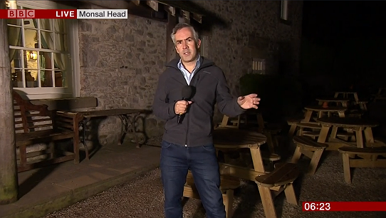 Tim Muffett, of the BBC Breakfast news team, reporting from the Monsal Head Hotel bar early on 11 January 2019