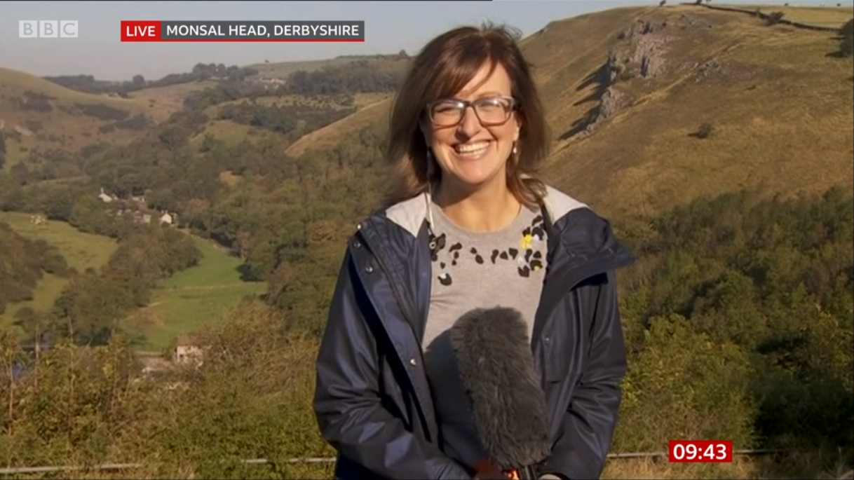 An image of a BBC News outside broadcast team reporting from Monsal Head on the morning of 21 September 2019