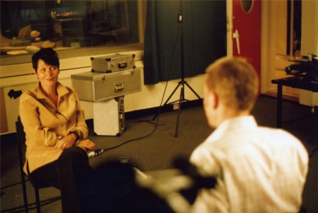 Carolyn Seymour, about to begin her on-camera interview with Andy Priestner at the series on DVD studio day in 2003