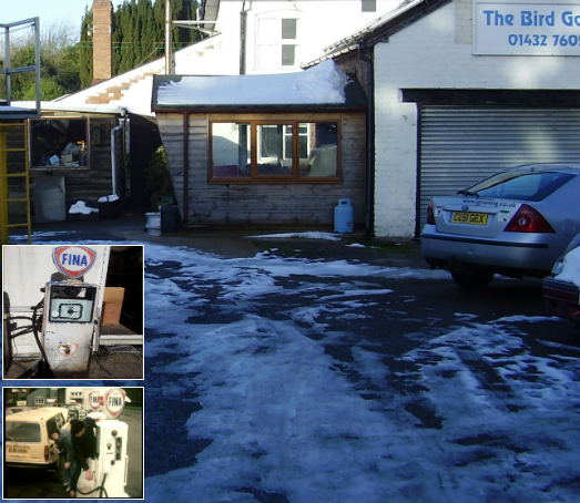 The garage from first series Survivors' episode Gone Away where Greg refuels Abby's Volvo by handcranking the Fina petrol pump