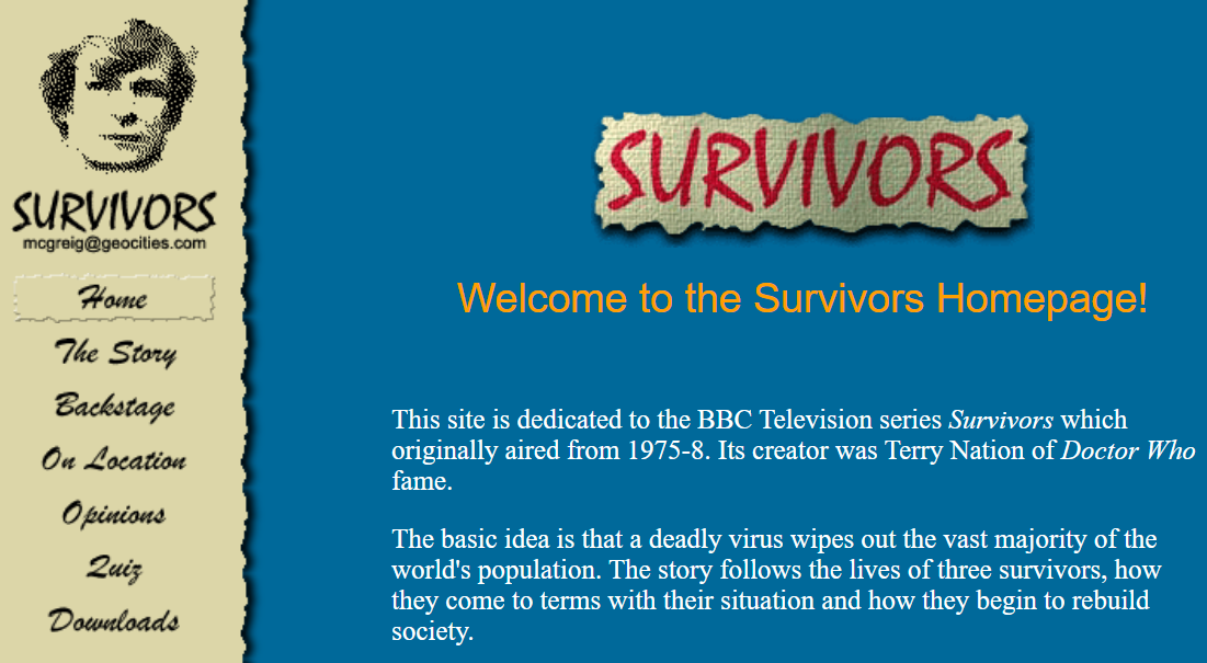 The index page of the Survivors home page web site on the Geocities platform